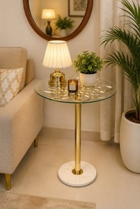 Table basse moderne décorative minimaliste avec plateau en marbre et structure en métal, pieds courbes, pour le salon - Product Image 3
