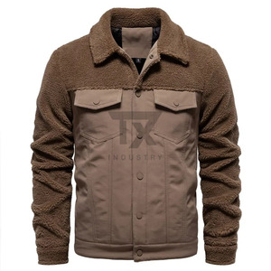 Veste d'hiver en polaire sherpa pour homme avec col montant et logo frontal, couleur unie, fermeture éclair, poches personnalisées d'usine - Product Image 1
