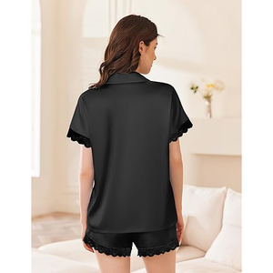 Trending Short Sleeve Satin <b>Pajamas</b> <b>Set</b> Solid <b>Black</b> Lace Trim Button Front Sleepwear Summer Nightwear 2 Piece - Product Image 2