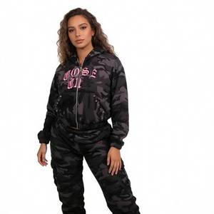 Sudadera con Capucha de Camuflaje para Mujer, Color Rosa, con Estampado de Letras, Manga Larga, Cierre Frontal, Transpirable, de Poliéster Tejido, Estilo Hip Hop, para Otoño - Product Image 2