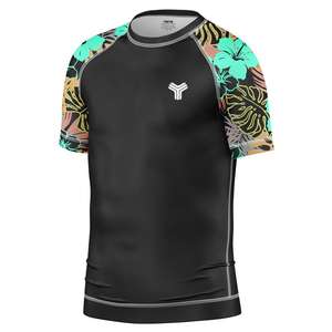 เสื้อรัดกล้ามเนื้อแขนสั้นสำหรับผู้ชาย สีดำ ลายดอกไม้เขตร้อน แขนเสื้อลายดอกไม้ เหมาะสำหรับออกกำลังกาย ฟิตเนส และการฝึกซ้อม - Product Image 4