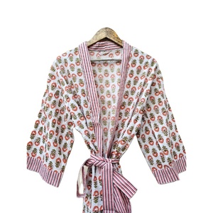 Bata Kimono de algodón 100% para mujer, ligera y transpirable, con diseño de estampado de bloques, características de cintura Natural - Product Image 5
