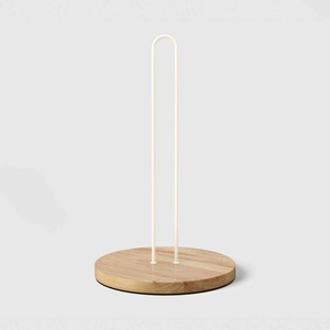 Support moderne pour porte-serviettes en métal blanc en forme de U avec base ronde en bois naturel - Product Image 5