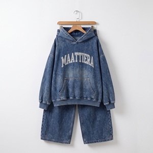 Conjunto de chándal de mezclilla azul para mujer, sudadera oversize lavada, pantalones anchos, ropa urbana, proveedor mayorista personalizado - Product Image 5
