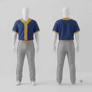 Uniforme de Béisbol Personalizado para Hombre, Jersey Azul con Rayas Amarillas, Pantalones Grises con Rayas Amarillas, Cinturón Amarillo, Conjunto de Ropa Deportiva para Equipo - Product Image 1