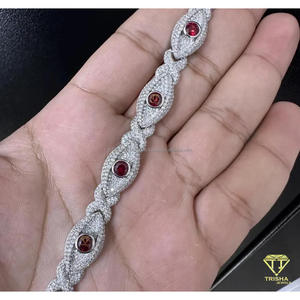 Luxury Moissanite Diamond Oval Link <b>Bracelet</b> in 925 Sterling Silver with <b>Ruby</b> Red Round Center Stones and Iced Finish - Product Image 5