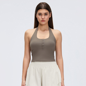 Women's <b>Pink</b> Ribbed Halter Tank <b>Top</b> With Button Front And Square Neckline For Yoga And Workout - Product Image 4