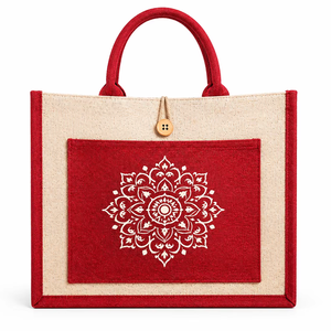 Two Tone Red Laminated Jute Tote <b>Bag</b> With Large Front Pocket Eco Friendly <b>Reusable</b> Shopping <b>Bag</b> Custom Logo Wholesale - Product Image 1