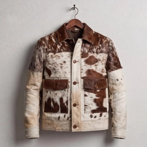 Handmade Cowhide Hair-On Leather <b>Jacket</b> | Waterproof Breathable Zipper Closure Black <b>White</b> Beige Western Coat for <b>Men</b> - Product Image 2