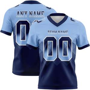 เสื้อฟุตบอลอเมริกันแบบซับลิเมชั่น คอวี แขนสั้น ระบายเหงื่อได้ดี พิมพ์ชื่อทีมและหมายเลข สีฟ้าอ่อน/กรมท่า สำหรับผู้ชาย - Product Image 1