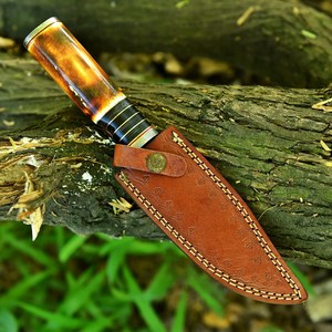Cuchillo de Caza Personalizado de Acero de Damasco con Hoja de Punta Caída y Mango de Madera de Hueso de Camello Quemado, Cuchillo de Hoja Fija para Supervivencia al Aire Libre - Product Image 4