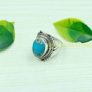 แหวนพลอยเทอร์ควอยซ์สีน้ำเงินธรรมชาติ แหวนเงินแท้ 925 ดีไซน์ทำมือ แหวนสัญญา แหวนเด่น แหวนเครื่องประดับเทอร์ควอยซ์ - Product Image 2
