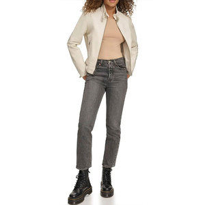 Blouson moto en similicuir crème pour femme, manches longues, col montant, fermeture éclair, style automne, coupe-vent, tissu tissé - Product Image 1