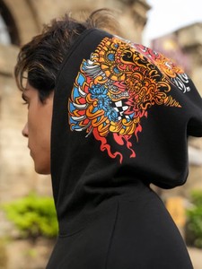 Sweat-shirt à capuche noir pour homme, imprimé dragon coloré au dos, style streetwear, coupe classique, coton tricoté anti-boulochage, hiver - Product Image 1
