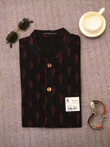 Chemise en coton bleu marine imprimée pour homme, motif plumes et feuilles, manches longues, légère, confortable, décontractée - Product Image 5