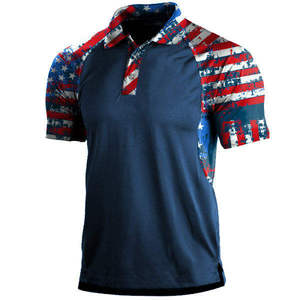 Polo homme noir et blanc à imprimé drapeau américain, manches courtes, respirant, décontracté pour l'été, avec drapeau américain sur la manche - Product Image 2