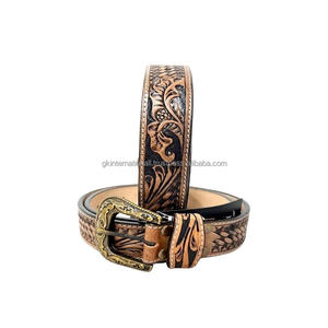 <b>Western</b> Embossed Floral Punk Style Genuine Leather hand tooling <b>Belt</b> with Cowboy engraved brass buckle tooled leather <b>belt</b> - Product Image 1