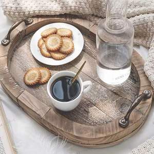 Oval Rustic Wooden Serving Tray with Metal Handles Vintage Distressed Tray for <b>Coffee</b> <b>Table</b> Kitchen Dining Decor - Product Image 1