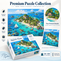 Vente en gros de puzzles de 500 pièces, île tropicale avec phare, avec affiche de référence HD, boîte cadeau, logo personnalisé pour adultes et familles