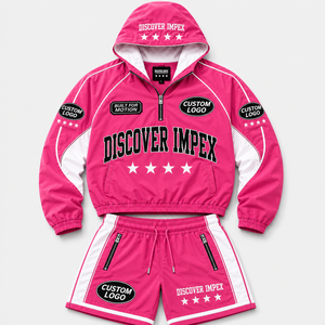 Custom Unisex <b>Pink</b> Nylon Breathable <b>Waterproof</b> Hoodie Short Set Hooded Zip <b>Jacket</b> Contrast Panel Elastic Waist Track Shorts - Product Image 1