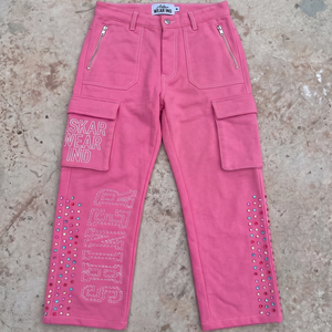 กางเกงคาร์โก้สีชมพูสำหรับผู้ชาย ยี่ห้อ Askar Wear รุ่น Ind เอวสูง ประดับคริสตัลและเพชรเทียม สไตล์สตรีท ผ้าแคนวาสเนื้อปานกลาง - Product Image 1