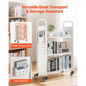 Carrello Porta Libri a Rotelle Monofacciale con Ripiani a L, Capacità 150 Kg, 77x38x122 cm, Struttura in Metallo, Ruote Bloccabili da 3 Pollici - Product Image 2