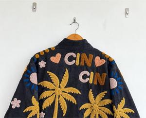 Veste en coton noir brodée à la main avec motif floral palmier coucher de soleil, manches longues, col montant, vêtement d'extérieur d'hiver pour femme - Product Image 4