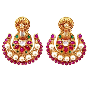 Rose Gold Peacock Chandbali Drop Earrings with Pearl and Ruby Kemp Embellishment - Product Image 2