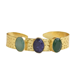Gold Plated Brass <b>Bangle</b> <b>Bracelet</b> With Sapphire And Green Stones Bohemia Style Unisex Jewelry - Product Image 1