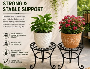 Black <b>Metal</b> <b>Plant</b> <b>Stand</b> 8 Pack Round 3 Leg Flower Pot Holder Lightweight for Indoor Outdoor Garden - Product Image 3