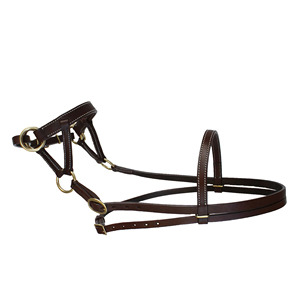 Bridon en cuir marron avec ferrures en laiton et surpiqûres blanches - Product Image 1