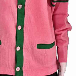 Cárdigans rosas con cuello en V y ribete verde, suéteres casuales unisex de punto de manga larga con bolsillos y botones - Product Image 4