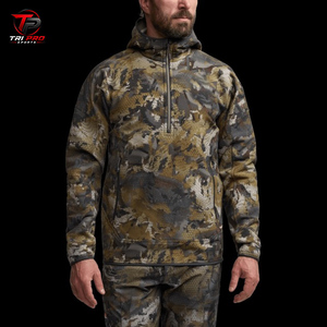 Sudadera con capucha de forro polar grueso para hombre, para exteriores, de camuflaje, con cremallera de un cuarto, para caza, con capucha ajustada y bolsillos laterales con cremallera doble - Product Image 2