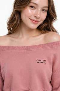 Sudadera corta de hombros caídos para mujer, rosa empolvado, con cuello asimétrico, manga larga, estilo casual, lavado, para invierno, top corto frontal - Product Image 2
