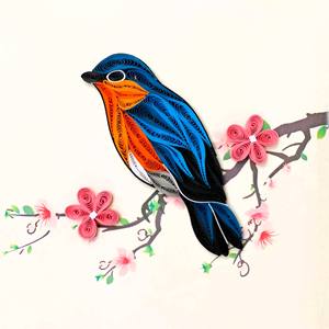 Tarjeta de quilling con diseño de pájaro azul en rama florecida, hecha a mano, premium, con sobre, para naturaleza, felicitaciones y manualidades decorativas. - Product Image 1