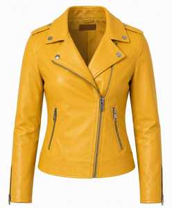Veste moto en cuir jaune pour femme, manteau de motard à manches longues, fermeture éclair, col montant, style automne - Product Image 1