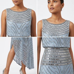 Elegant <b>Silver</b> Sequin Shimmer Sleeveless Midi <b>Dress</b> for <b>Women</b> | Evening Cocktail | Asymmetric Hem Beaded Waist Occasion Gown - Product Image 4