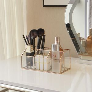 Soporte cosmético de metal y vidrio de alta calidad diseñado para guardar lápices labiales, bases, cremas y artículos de belleza esenciales. - Product Image 1