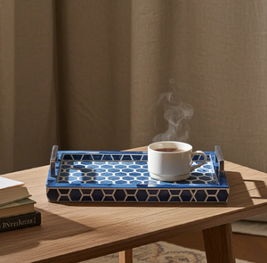 Grand plateau rond en os de faisan incrusté, orné d'un motif géométrique en mosaïque étoilée, disponible à prix de gros. - Product Image 3