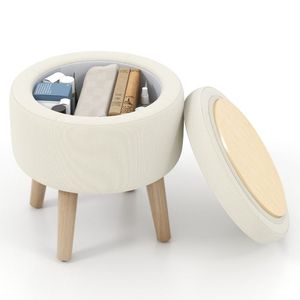 Pouf Contenitore Rotondo in Tessuto con Gambe in Legno di Gomma, Piedini Regolabili, Stile Moderno Antico per Camera da Letto e Sedute in Hotel - Product Image 4