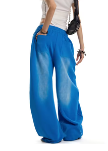 Pantalon de survêtement unisexe bleu délavé coupe large, doux, avec cordon de serrage, taille haute, style décontracté et sportif rétro - Product Image 4