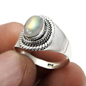 Bohemian Style Solid <b>Ring</b> With Oval Cut Rainbow Moonstone Gemstone <b>Crafted</b> From 925 Sterling Silver Handmade Unisex Design <b>Ring</b> - Product Image 2