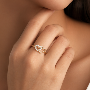 Anillo de Diamantes con Dos Corazones de 0.15 Ct |   Anillo de Compromiso de Oro Amarillo de 14K con Doble Corazón, Joyería Fina Romántica, Regalo para Mujer - Product Image 1