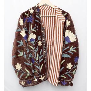 Bohemian Velvet Embroidered Floral <b>Reversible</b> Breathable Jacket Three Quarter Sleeve Button Closure Soft All Seasons Unisex <b>Coat</b> - Product Image 3