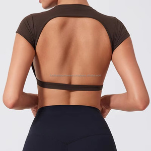 Crew Neck Crop Top Short Sleeve Solid <b>Colour</b> Spandex Polyester Yoga Wear for Women Breathable Four-Way Stretch - Product Image 5