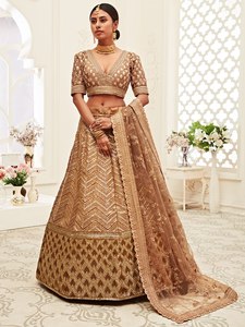 Golden Embroidered <b>Lehenga</b> Choli Set With Net Dupatta A-Line Wedding Outfit for Women - Product Image 1