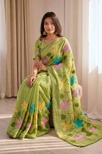 Sari en coton brodé de fleurs vertes avec bordure en dentelle, tenue traditionnelle indienne pour femmes, style décontracté, toutes saisons - Product Image 3