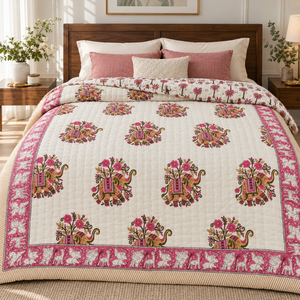 Couette imprimée au bloc de Jaipur |   Couvre-lit réversible en coton King Size avec rembourrage en coton pur, couvre-lit matelassé à la main, couvre-lits de qualité supérieure - Product Image 1