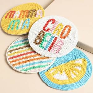 Sous-verres ronds en verre avec texte coloré et motif citron, tapis classiques faits à la main, écologiques et durables pour la décoration de table - Product Image 1