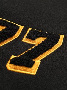 Custom Men's Black With <b>Purple</b> Gold Embroidery Lettering And Patch Designs Leather Sleeve High Street <b>Varsity</b> Baseball <b>Jacket</b> - Product Image 4